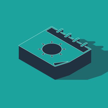 Isometric Takvim ve güneş ikonu yeşil arkaplanda izole edildi. Olay hatırlatma sembolü. Vektör İllüstrasyonu