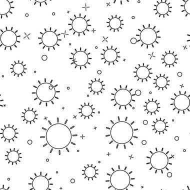 Siyah çizgi Sun simgesi beyaz arkaplanda izole edilmiş kusursuz desen. Yaz sembolü. Güneşli bir gün. Vektör İllüstrasyonu