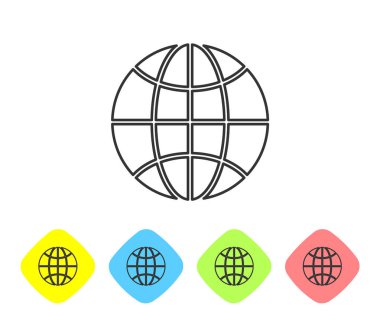 Gri çizgi dünya ikonu beyaz arkaplanda izole edildi. Yerküreye iğnele. Renkli eşkenar dörtgen düğmelerine simgeleri yerleştir. Vektör İllüstrasyonu