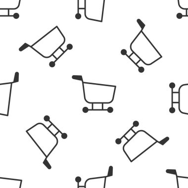 Gri alışveriş arabası ikonu beyaz arka planda izole edilmiş kusursuz desen. Yiyecek dükkanı, süpermarket. Vektör İllüstrasyonu