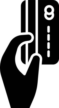 Beyaz arka planda izole edilmiş kredi kartı ikonu olan siyah insan eli. Çevrimiçi ödeme. Kartla öde. Finansal operasyonlar. Vektör İllüstrasyonu