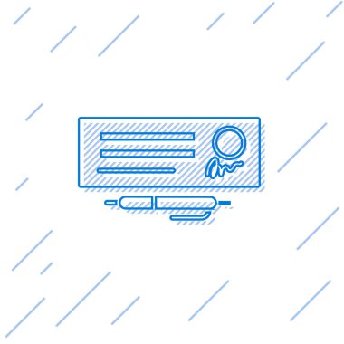 Banka çekinin mavi çizgi boş şablonu ve beyaz arkaplanda izole edilmiş kalem simgesi. Doldurulacak boş alanlarla birlikte kontrol defteri çek sayfası. Vektör İllüstrasyonu