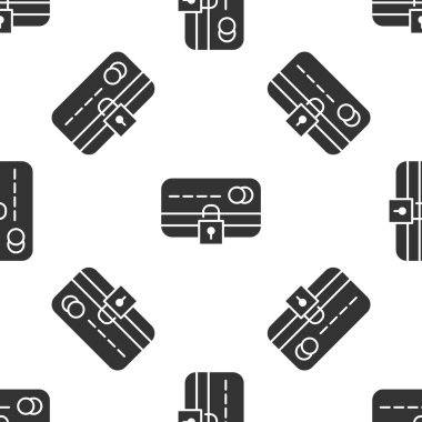 Üzerinde kilit simgesi olan gri kredi kartı beyaz arka planda izole edilmiş kusursuz desen. Kilitli banka kartı. Güvenlik, güvenlik, koruma. Güvenli ödeme kavramı. Vektör İllüstrasyonu