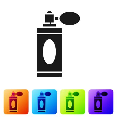 Beyaz arka planda izole edilmiş siyah tıraş losyonu şişesi. Parfüm spreyi ikonu. Erkek parfüm şişesi. Renkli kare düğmelerle simgeleri ayarla. Vektör İllüstrasyonu