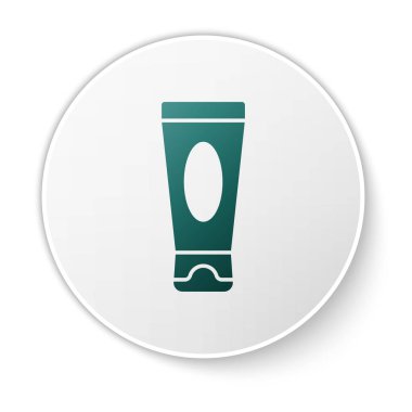 Beyaz arkaplanda yeşil krem ya da losyon kozmetik tüp ikonu var. Erkekler için vücut bakım ürünleri. Beyaz daire düğmesi. Vektör İllüstrasyonu