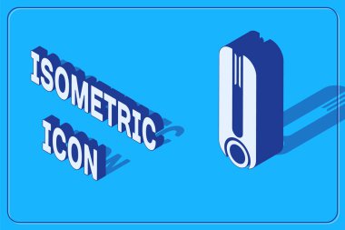 Mavi arka planda izole edilmiş saç ikonu için Isometric Curling demiri. Saç düzleştirici ikonu. Vektör İllüstrasyonu