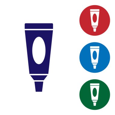 Mavi Krem ya da losyon kozmetik tüp ikonu beyaz arka planda izole edilmiş. Erkekler için vücut bakım ürünleri. Renkli kare düğmelerle simgeleri ayarla. Vektör İllüstrasyonu