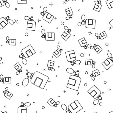 Atom simgesi olan siyah çizgi tıraş losyonu şişesi beyaz arka planda izole edilmiş kusursuz desen. Parfüm spreyi ikonu. Erkek parfüm şişesi. Vektör İllüstrasyonu