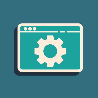 Yeşil Tarayıcı ayarı simgesi yeşil arkaplanda izole edildi. Ayarlama, servis, bakım, onarım, onarım. Uzun gölge tarzı. Vektör İllüstrasyonu