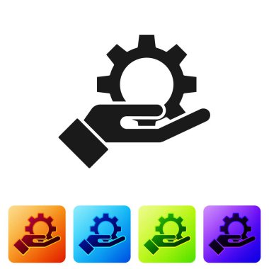 Siyah El ayarları vites simgesi beyaz arkaplanda izole edildi. Ayarlama, servis, bakım, onarım, onarım. Renkli kare düğmelerle simgeleri ayarla. Vektör İllüstrasyonu