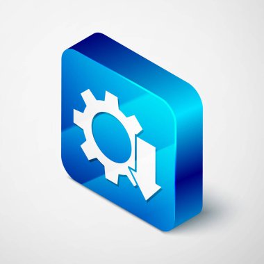 Isometric Maliyet azaltma simgesi gri arkaplanda izole edildi. Mavi kare düğme. Vektör İllüstrasyonu