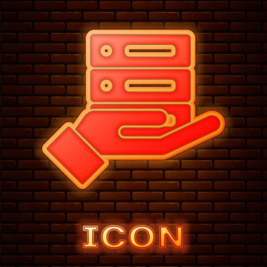 Parlayan neon sunucusu, Data, Web sunucu simgesi tuğla duvar arka planında izole edildi. Vektör İllüstrasyonu