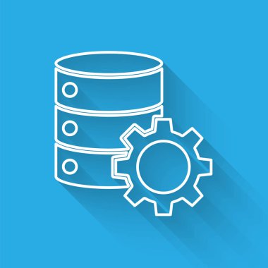 Beyaz çizgi sunucusu ve vites simgesi uzun gölgede izole edildi. Uygulama, servis konsepti, ayar seçenekleri, bakım, onarım, onarım. Vektör İllüstrasyonu