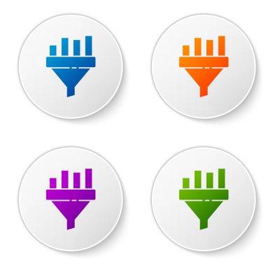 Renk Satış hunisi beyaz arkaplanda izole edilmiş pazarlama ve başlangıç iş simgesi grafiği ile. Bilgi şablonu. Simgeleri daire düğmelerine ayır. Vektör İllüstrasyonu
