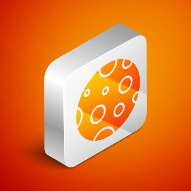 Isometric Moon simgesi turuncu arkaplanda izole edildi. Gümüş kare düğme. Vektör İllüstrasyonu