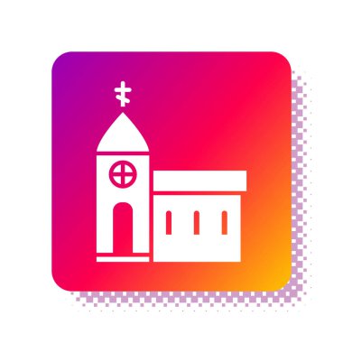 Beyaz Kilise binası ikonu beyaz arka planda izole edilmiş. Hıristiyan Kilisesi. Kilisenin dini. Kare renk düğmesi. Vektör İllüstrasyonu