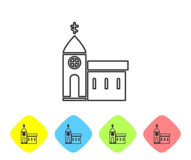 Gri çizgi kilise binası ikonu beyaz arka planda izole edilmiş. Hıristiyan Kilisesi. Kilisenin dini. Renkli eşkenar dörtgen düğmelerine simgeleri yerleştir. Vektör İllüstrasyonu
