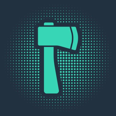 Mavi arkaplanda yeşil tahta balta simgesi var. Oduncu baltası. Soyut çember rastgele noktalar. Vektör İllüstrasyonu