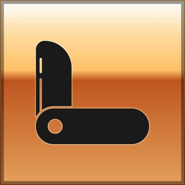 Siyah İsviçre çakısı ikonu altın arka planda izole edilmiş. Çoklu alet, çok amaçlı çakı. Çok fonksiyonlu bir alet. Vektör İllüstrasyonu