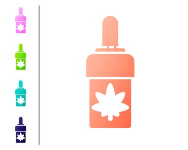 Beyaz arka planda izole edilmiş mercan tıbbi marihuana veya kenevir yaprağı zeytinyağı damlası ikonu. Esrar özütü. Kenevir sembolü. Renk simgelerini ayarla. Vektör İllüstrasyonu