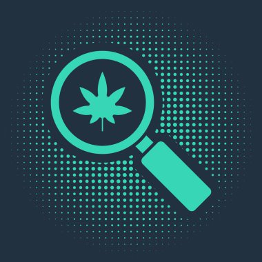 Mavi arka planda yeşil büyüteç ve tıbbi marihuana veya kenevir yaprağı ikonu var. Kenevir sembolü. Soyut çember rastgele noktalar. Vektör İllüstrasyonu