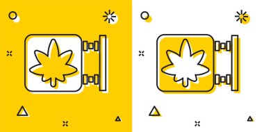 Siyah marihuana ve kenevir dükkanı ikonu sarı ve beyaz arka planda izole edilmiş. Sigara içmek, tıbbi esrar depolamak için ekipman ve aksesuarlar. Rastgele dinamik şekiller. Vektör İllüstrasyonu