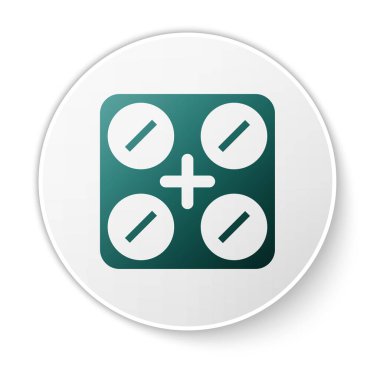 Beyaz arka planda marihuana ya da kenevir yaprağı ikonu bulunan yeşil tıbbi haplar. Kavanozlardaki kenevir yağı özlerini taklit et. Beyaz daire düğmesi. Vektör İllüstrasyonu