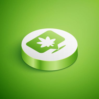 Yeşil arka planda izole edilmiş Isometric Harita İşaretleyici ve marihuana veya kenevir yaprağı ikonu. Kenevir sembolü. Beyaz daire düğmesi. Vektör İllüstrasyonu