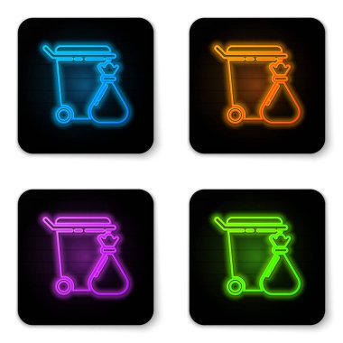Parlayan neon çöp tenekesi ve çöp torbası simgesi beyaz arkaplanda izole edilmiş. Çöp kutusu tabelası. Sepet simgesini geri dönüştür. Ofis çöpü ikonu. Siyah kare düğme. Vektör İllüstrasyonu