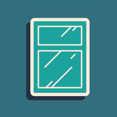 Yeşil arkaplanda izole edilmiş pencere simgesi için yeşil temizlik servisi. Silecek, kazıyıcı, silecek. Uzun gölge tarzı. Vektör İllüstrasyonu