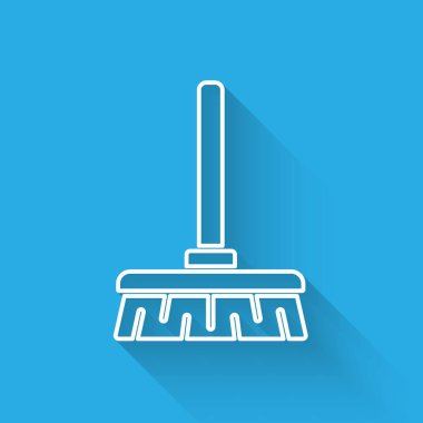 Beyaz çizgi süpürge sapı simgesi uzun gölgeli izole edilmiş. Temizlik hizmeti konsepti. Vektör İllüstrasyonu