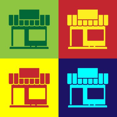 Pop Art Shopping binası ya da market simgesi renk arkaplanında izole edilmiş. Dükkan inşaatı. Vektör İllüstrasyonu