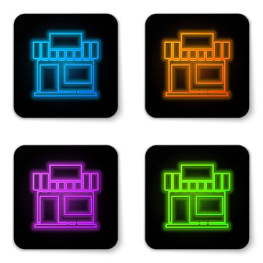 Parlayan neon alışveriş binası veya market simgesi beyaz arka planda izole edildi. Dükkan inşaatı. Siyah kare düğme. Vektör İllüstrasyonu