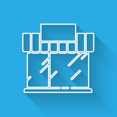 Beyaz çizgili alışveriş binası veya market simgesi uzun gölgeli izole edilmiş. Dükkan inşaatı. Vektör İllüstrasyonu