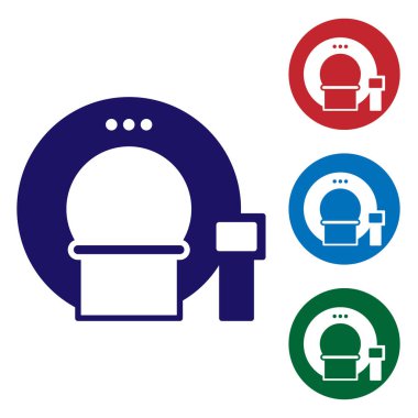 Mavi Tomografi simgesi beyaz arkaplanda izole edildi. Tıbbi tarayıcı, radyasyon. Teşhis, radyoloji, manyetik rezonans terapisi. Renkli kare düğmelerle simgeleri ayarla. Vektör İllüstrasyonu