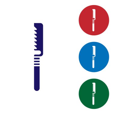 Mavi Tıbbi Testere simgesi beyaz arkaplanda izole edilmiş. Kemik kesmek, uzuv kesmek ve kemik nakli için cerrahi testere tasarlandı. Renkli kare düğmelerle simgeleri ayarla. Vektör İllüstrasyonu