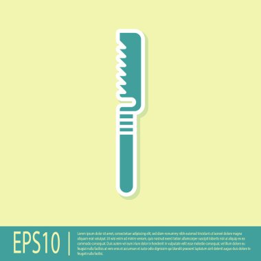 Yeşil tıp ikonu sarı arkaplanda izole edilmiş. Kemik kesmek, uzuv kesmek ve kemik nakli için cerrahi testere tasarlandı. Vektör İllüstrasyonu