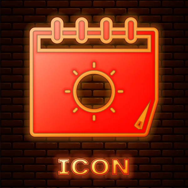 Zářící Neonový Kalendář Ikona Slunce Izolované Pozadí Cihlové Zdi Symbol — Stockový vektor