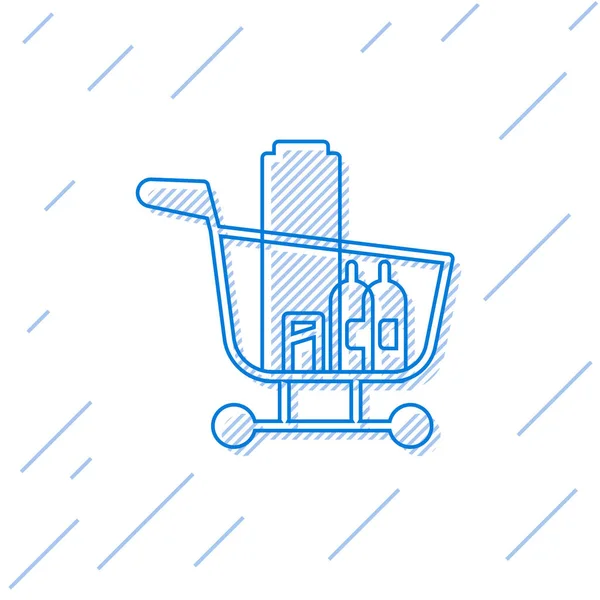 Blauwe Lijn Winkelwagen Voedselpictogram Geïsoleerd Witte Achtergrond Levensmiddelenwinkel Supermarkt Vector — Stockvector