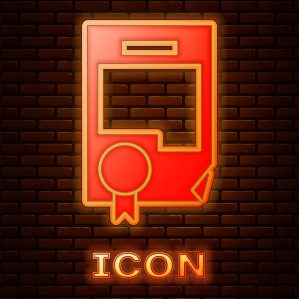 Glowing Neon Certificate Template Icon Isolated Brick Wall Background Achievement — Stock Vector