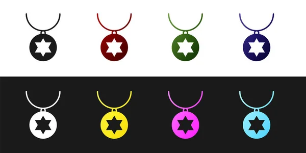 Set Star David Necklace Chain Icon Isolated Black White Background — Stock Vector