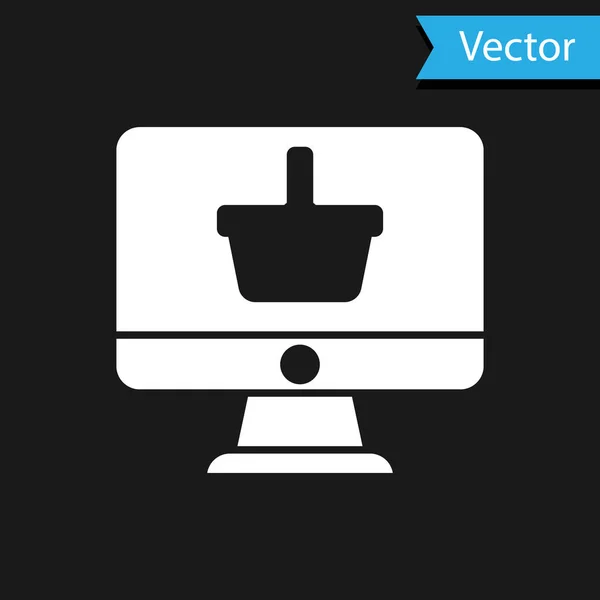 Weißer Computermonitor Mit Warenkorb Symbol Isoliert Auf Schwarzem Hintergrund Online — Stockvektor