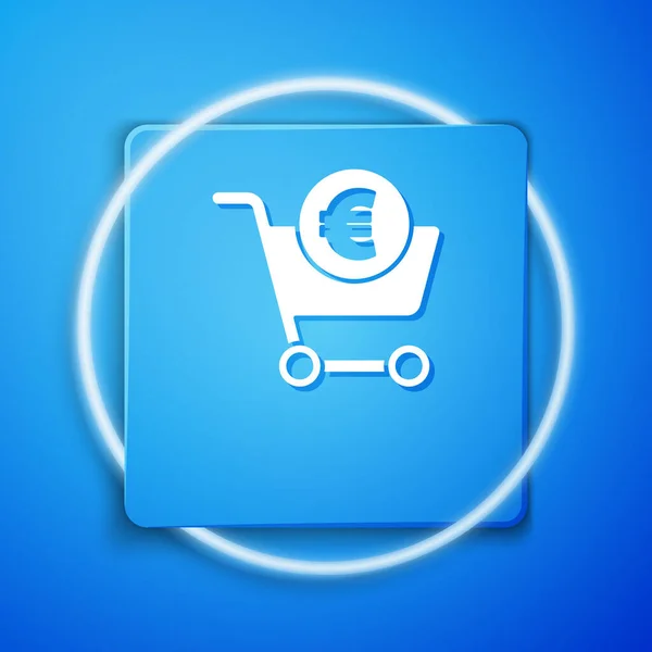 Wit Winkelwagen Euro Symbool Pictogram Geïsoleerd Blauwe Achtergrond Online Kopen — Stockvector
