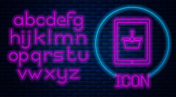Zářící Neon Nákupní Košík Obrazovce Tablet Ikona Izolované Pozadí Cihlové — Stockový vektor