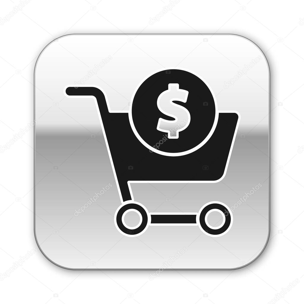 Black Shopping cart and dollar symbol icon isolated on white background. Online buying concept. Delivery service. Supermarket basket. Silver square button. Vector Illustration