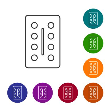 Siyah çizgili haplar beyaz arka planda izole edilmiş. İlaç paketi. Tablet, vitamin, antibiyotik, aspirin. Simgeleri renk daire düğmelerine ayarla. Vektör İllüstrasyonu