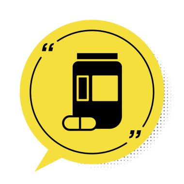 Siyah ilaç şişesi ve beyaz arka planda izole edilmiş hap ikonu. Şişe hapı işareti. Eczane tasarımı. Sarı konuşma balonu sembolü. Vektör İllüstrasyonu