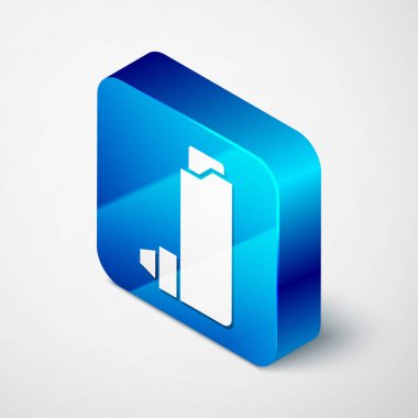 Gri arkaplanda Isometric Inhaler simgesi izole edildi. Öksürük şurubu, solunum, alerjik hasta. Mavi kare düğme. Vektör İllüstrasyonu