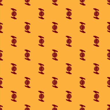 Dünya 'nın simgesini tutan kırmızı insan elleri kahverengi arka planda izole edilmiş, pürüzsüz desen. Dünya kavramını sakla. Vektör İllüstrasyonu