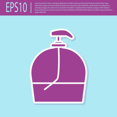 Retro mor şişe antibakteriyel sabun ve turkuaz arka planda izole edilmiş şeker ikonu. Dezenfeksiyon, hijyen, cilt bakımı. Vektör İllüstrasyonu